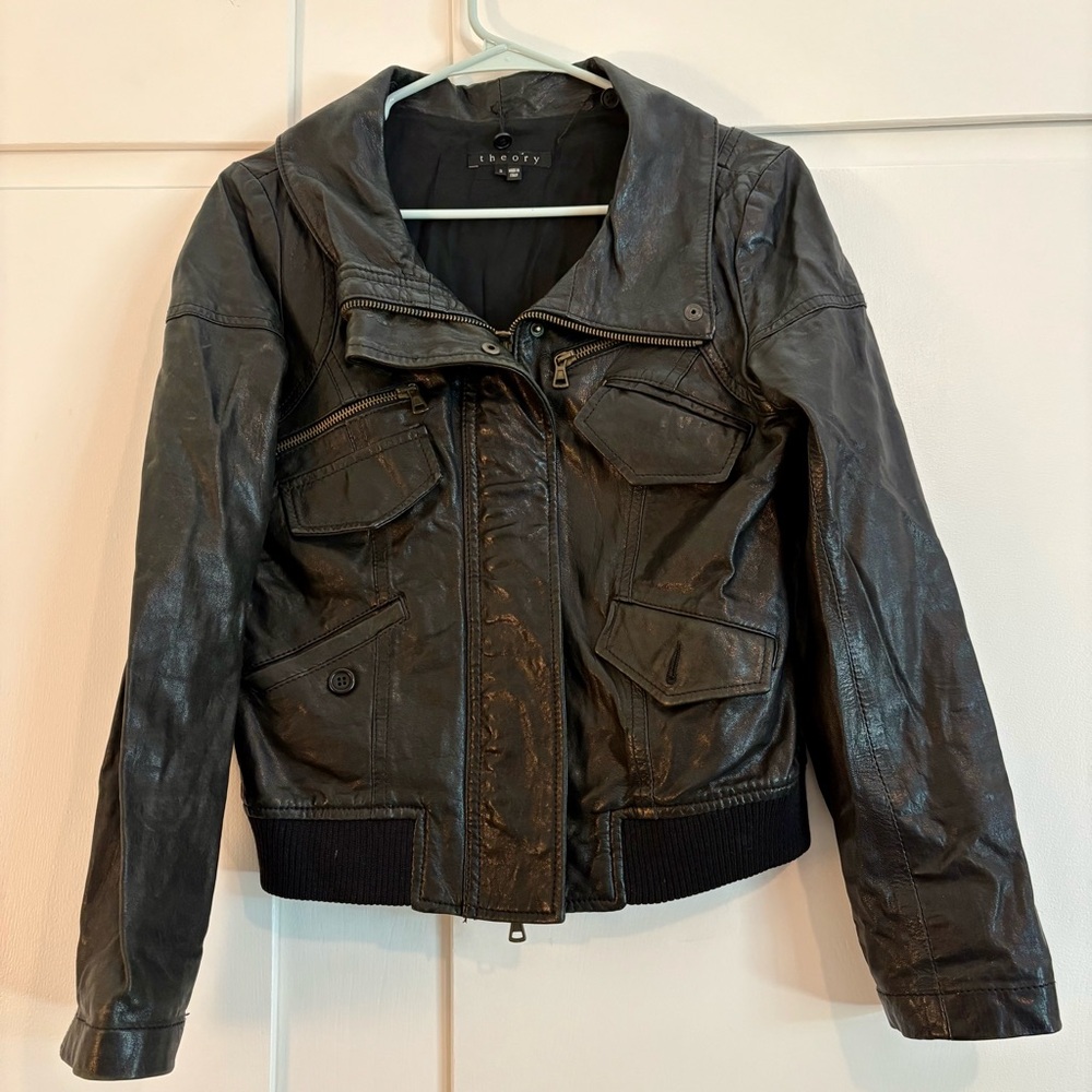 Theory Black Genuine Leather Bomber Jacket Size Small